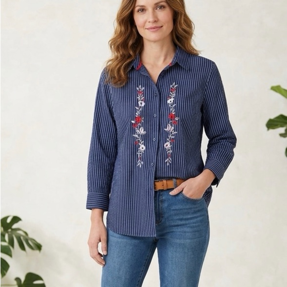 Allison Daley Black Striped Shirt with Red Floral Embroidery